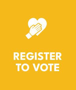 Icon of a hand over a heart with 'Register to Vote' text on yellow background.