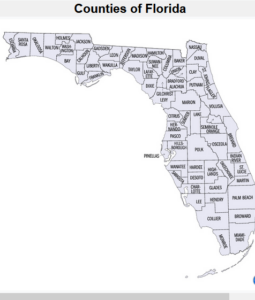 Map of Florida showing county boundaries and names